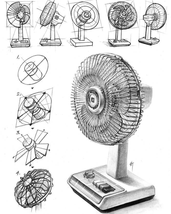 Hyper-realistic illustration of a fan, showcasing design steps by a South Korean artist.