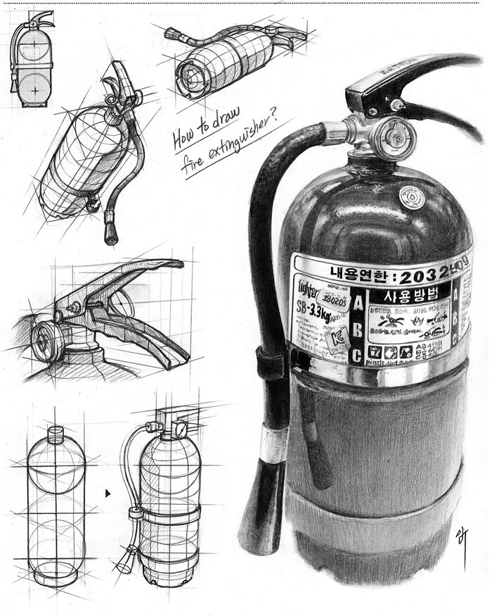 Hyper-realistic illustration of a fire extinguisher with detailed sketches by a South Korean artist.