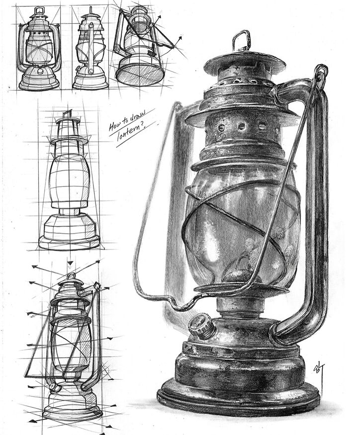 Hyper-realistic illustration of a lantern by South Korean artist, including step-by-step sketch details.