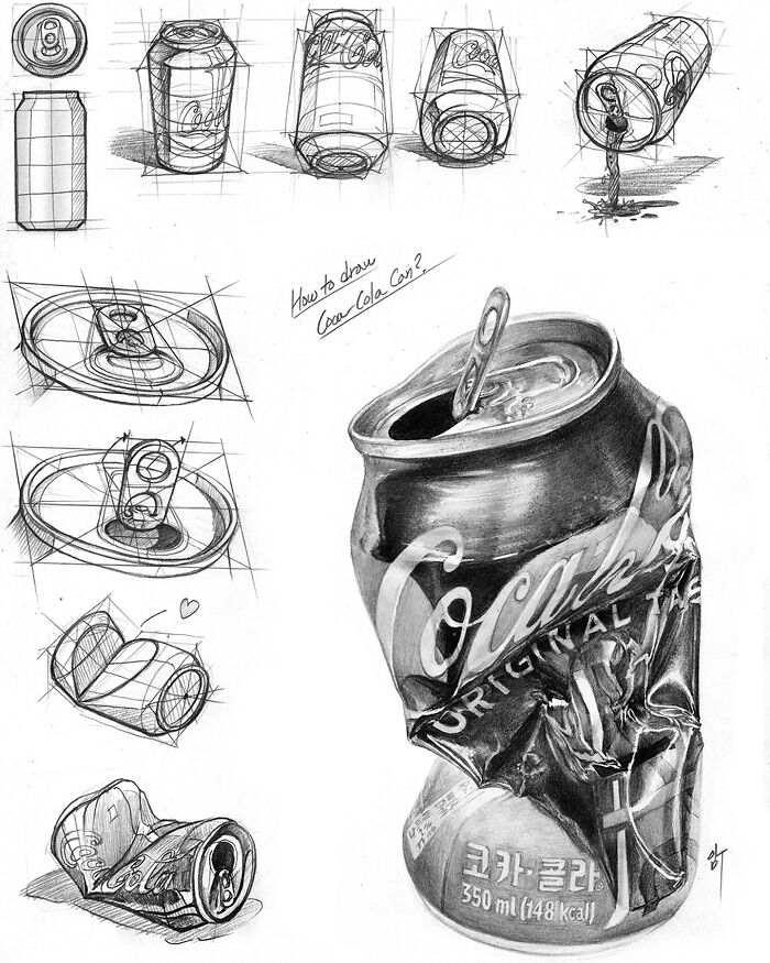 Hyper-realistic illustration of a crushed Coca-Cola can with detailed sketches by a South Korean artist.