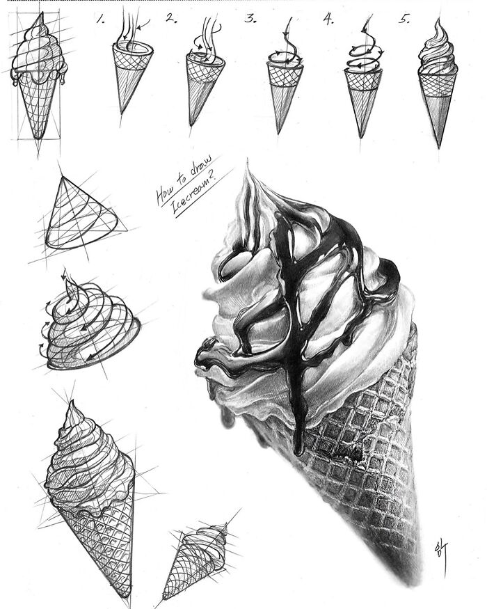 Hyper-realistic illustration showing step-by-step process of drawing an ice cream cone with chocolate syrup.