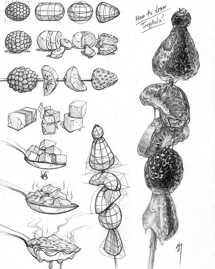 Hyper-realistic illustration of fruits and skewers with detailed sketches by a South Korean artist.
