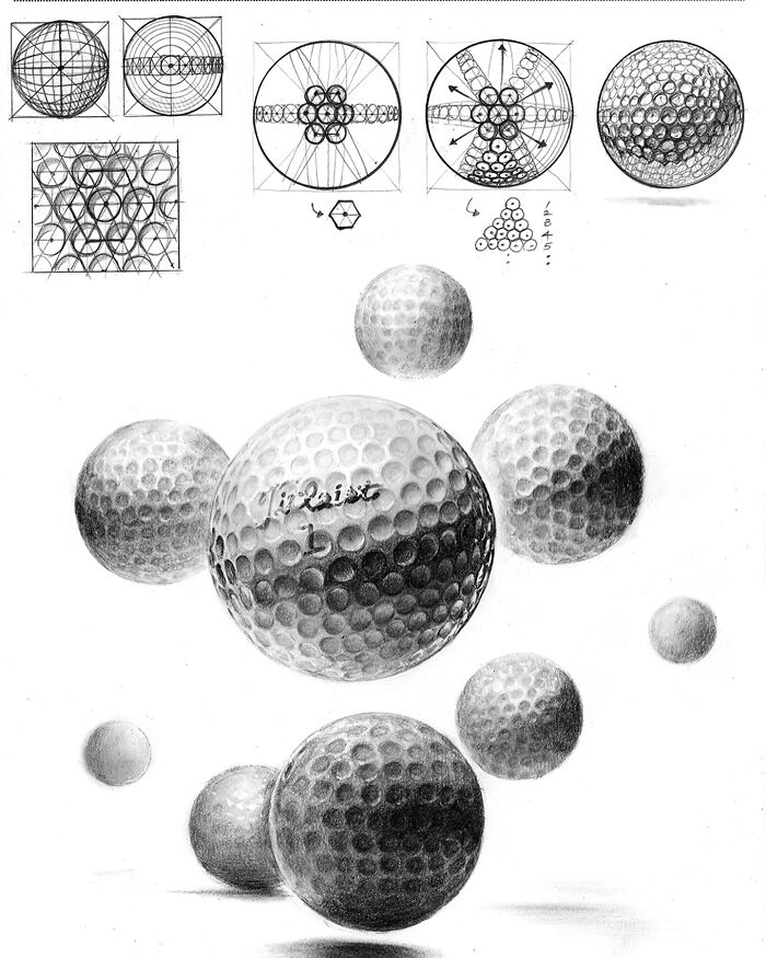 Hyper-realistic illustration of golf balls with detailed geometric patterns by South Korean artist.