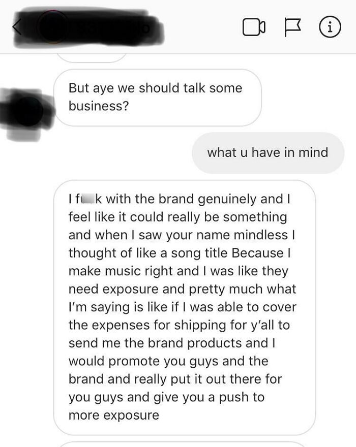Screenshot of a direct message exchange with an entitled influencer proposing a business collaboration.