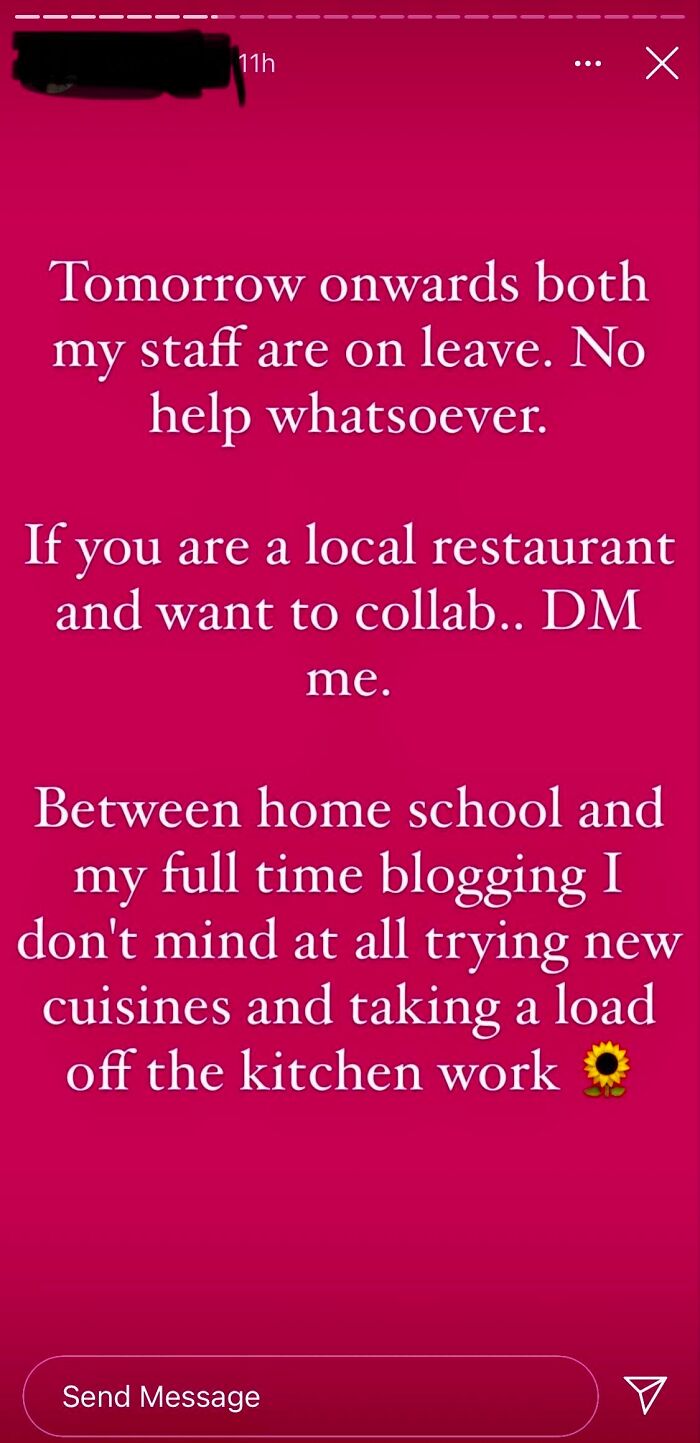 Text on magenta background showing an influencer's message seeking local restaurant collaborations.