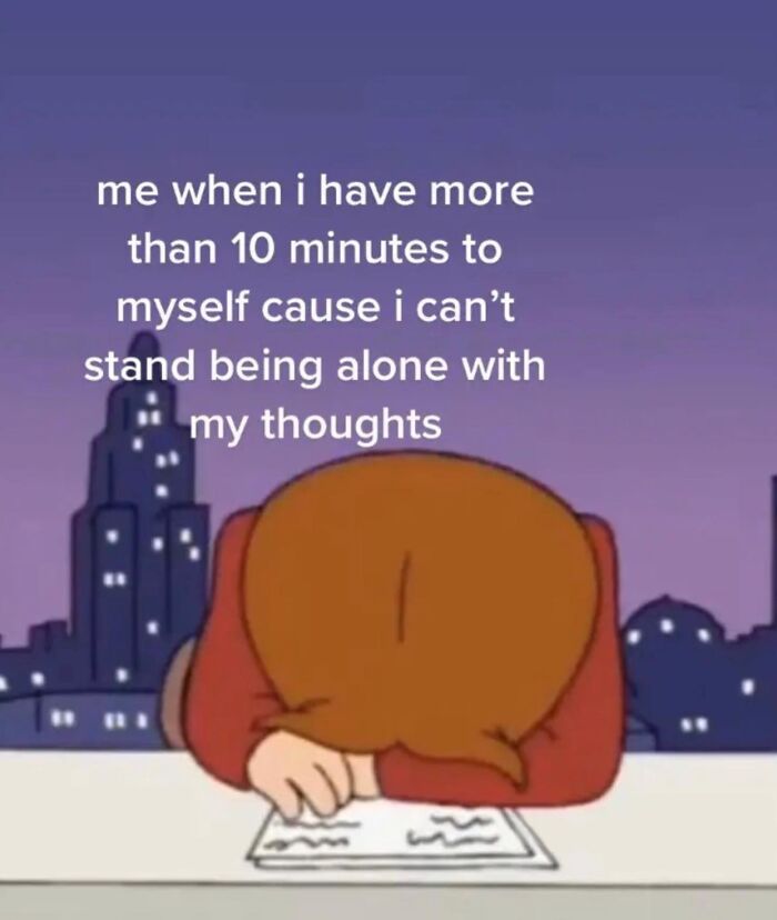 Cartoon girl with head on desk, text about women relating to thoughts.