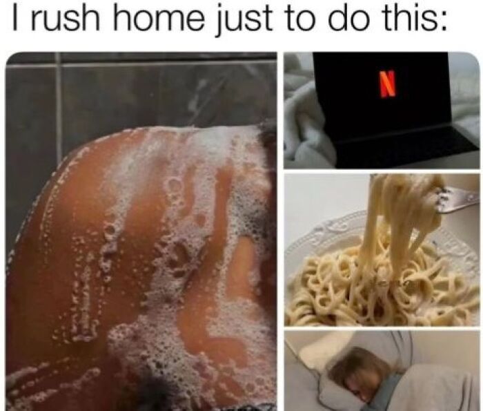 Collage of girly things: taking a foamy shower, watching Netflix, eating pasta, and sleeping cozily.