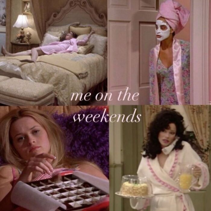 Women in pajamas relaxing, with face masks and chocolates; text reads "me on the weekends." "Girly" theme evident throughout.
