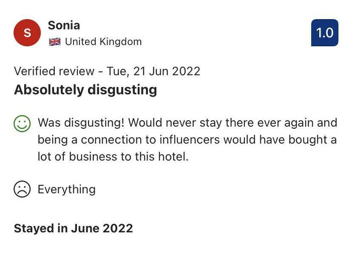 Negative hotel review citing issues related to entitled influencers.