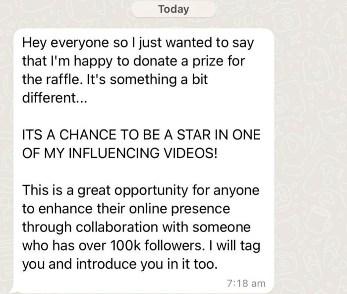 Text message from an entitled influencer offering to star in their video as a raffle prize.