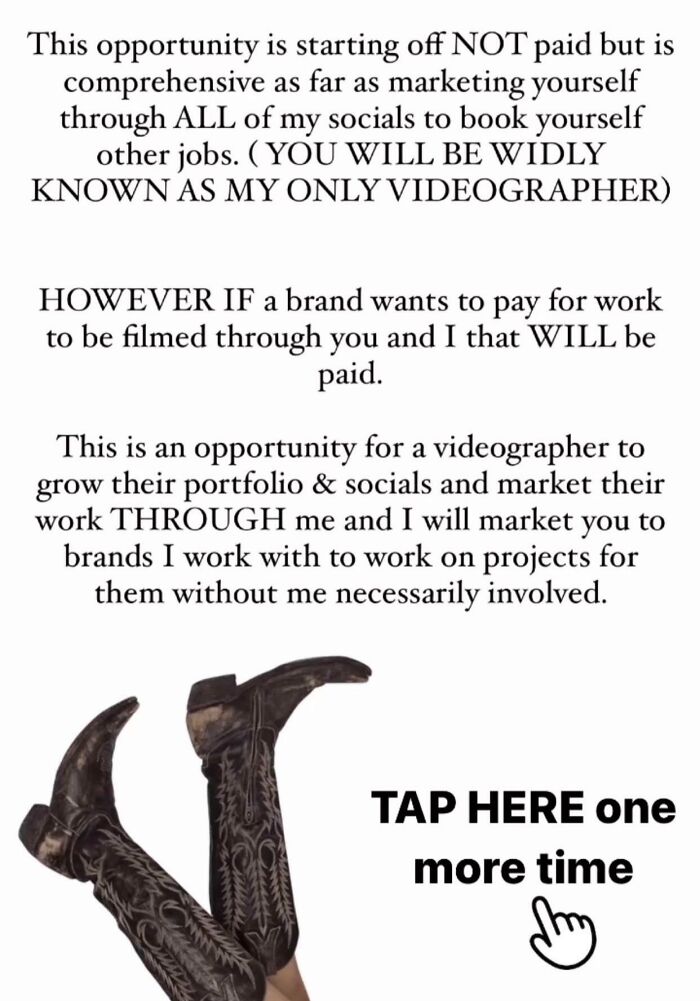 Text of an influencer's proposal overlaid on an image of legs in cowboy boots, with "TAP HERE one more time" prompt.