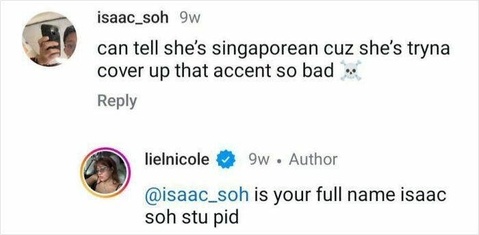 Clever comebacks exchange on instagram about accents.