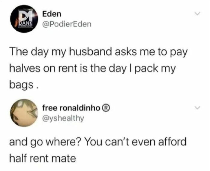 Twitter thread featuring hilarious clever comebacks about sharing rent and packing bags.