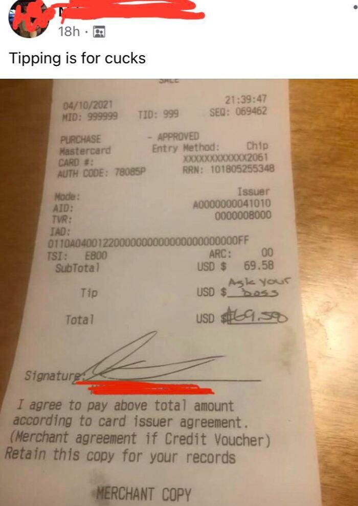 Receipt with handwritten note under tip section and text above saying, "Tipping is for cucks," highlighting mildly infuriating server tips.