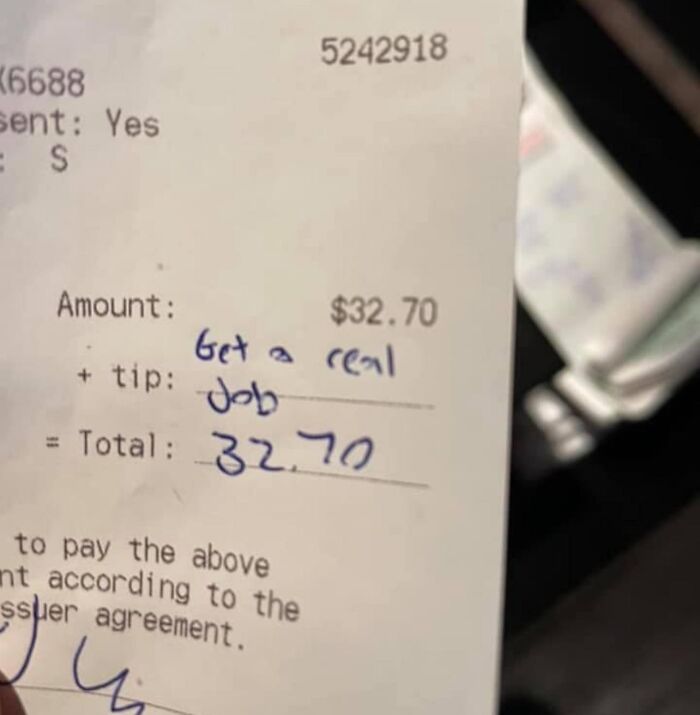 Receipt showing a $32.70 total with a note instead of a tip, related to mildly infuriating server tips.