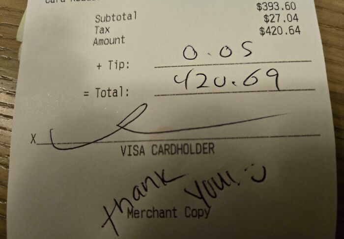 Receipt showing a subtotal with a very low server tip, labeled "Thank You!" in handwriting.
