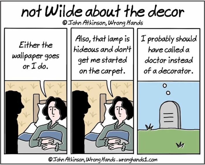 Comic by John Atkinson humorously referencing culture with a character critiquing decor next to a gravestone.