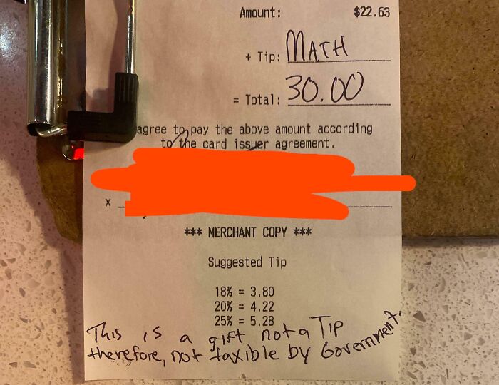 Receipt with "MATH" written for tip, addressing mildly infuriating server tips with handwritten note about tax.