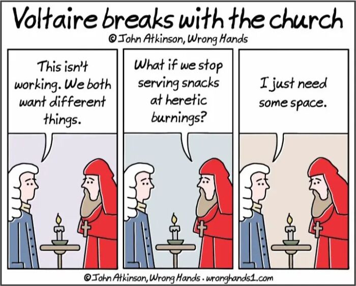 Comic by John Atkinson humorously depicting Voltaire's break with the church through a witty dialogue.