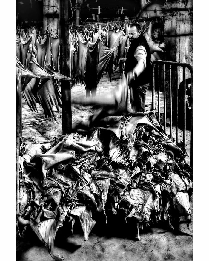 Black-and-white image of a man processing leather in rural Turkey, showcasing traditional craftsmanship.