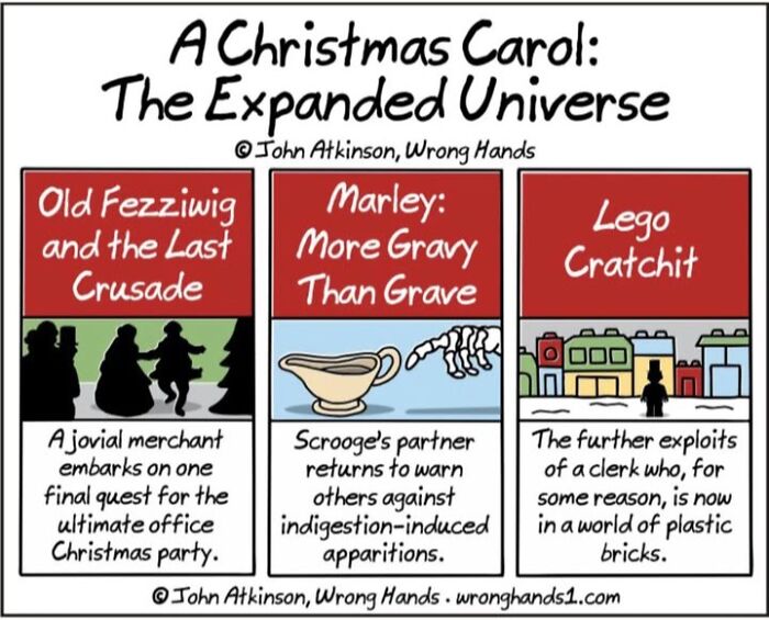 Comic by John Atkinson featuring humorous spins on "A Christmas Carol" with cultural and literary references.