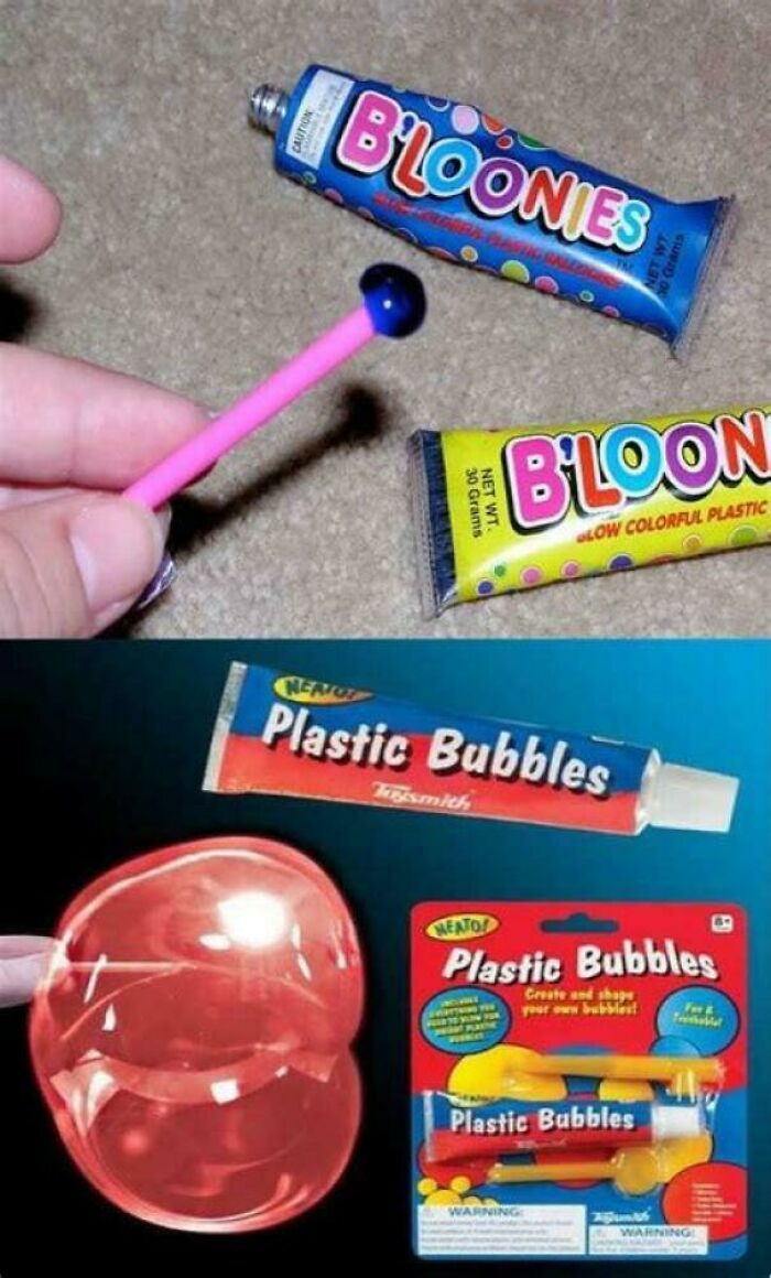 Nostalgic pics showing vintage plastic bubble toy tubes and a bubble being formed on a wand on carpet background.