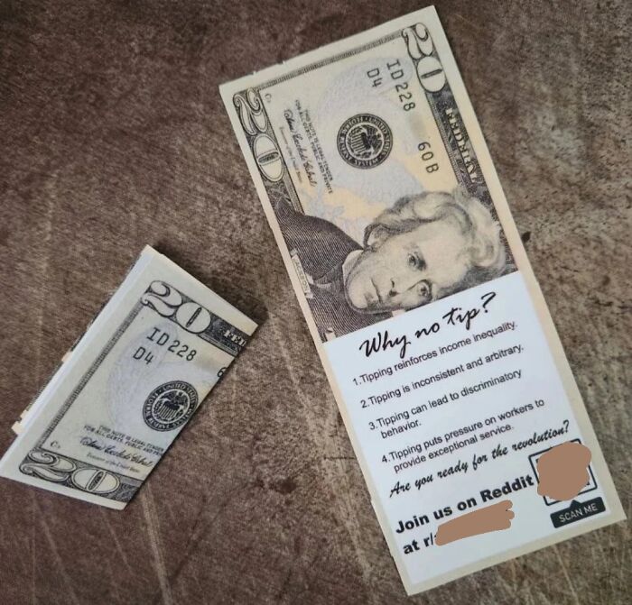 Fake $20 bill with "Why no tip?" message, highlighting issues around server tips.