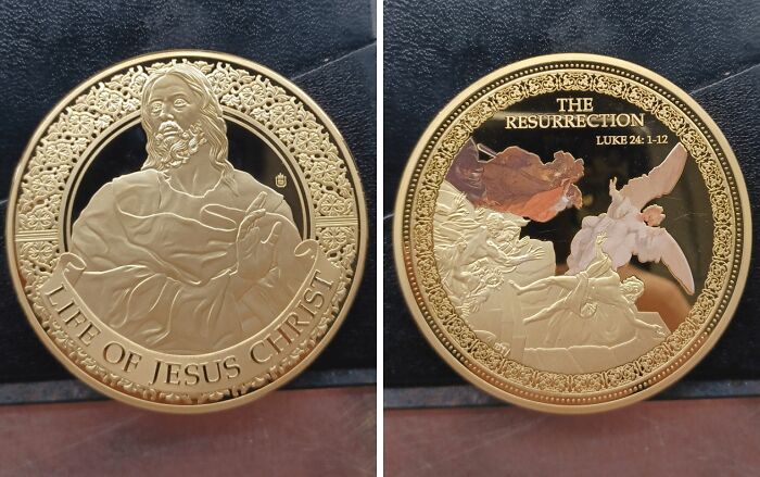 Gold coins featuring religious imagery and text, with a mildly infuriating detail related to server tips.