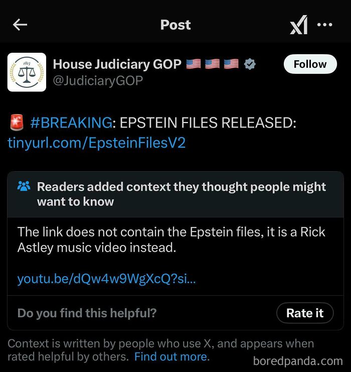 Twitter post attempt to release Epstein files, link leads to Rick Astley video instead.