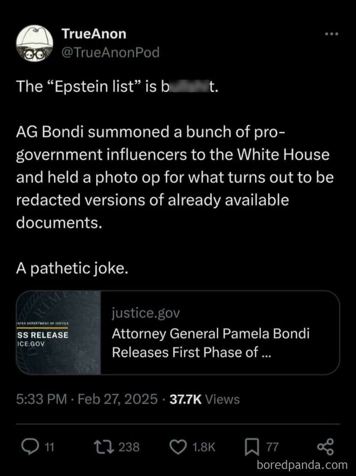 Tweet criticizing a redacted document release, calling it a joke.