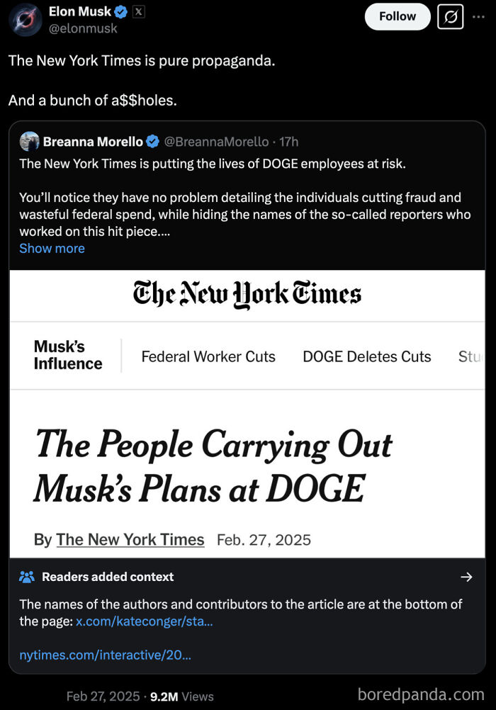 Tweet criticizing New York Times article about Musk's plans at DOGE, referencing attempted reporting.