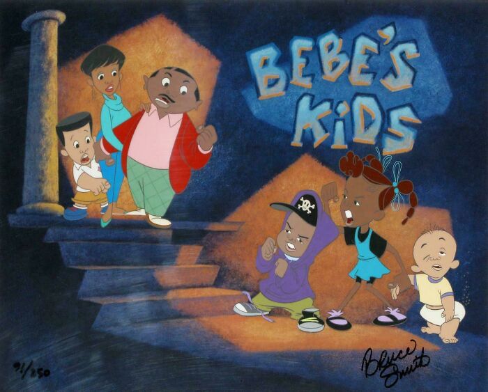 Animated scene from 90s cartoon Bebe's Kids featuring a group of kids and adults in a nostalgic 90s style setting.
