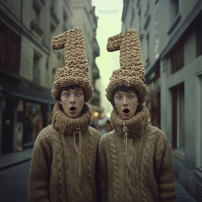 Two people wearing knitted clothing with pasta-themed hats, illustrating funny Lithuanian idioms.