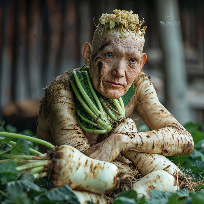 Person with food elements as clothing and hair, creatively representing funny native idioms with a unique and artistic look.