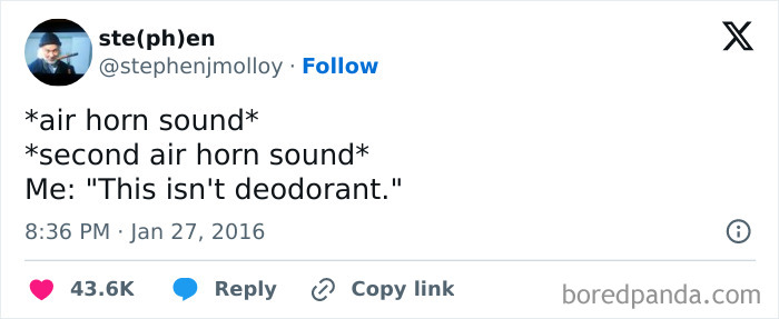 Tweet with humorous text about mistaking an air horn for deodorant; positive meme with 43.6K likes.