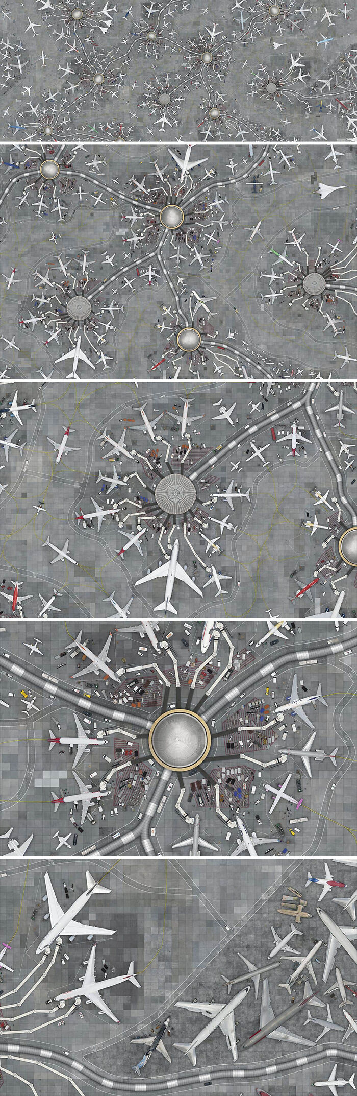 Aerial photo by Cássio Vasconcellos depicting a complex airport scene with numerous airplanes and terminals.