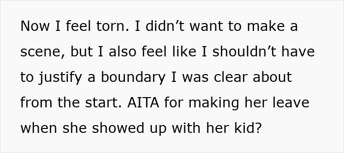 Text discussing a conflict over enforcing a child-free policy at a birthday event, expressing feelings of being torn.