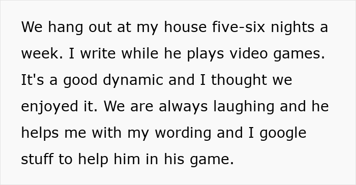 Text image reflecting a woman's thoughts on her writing routine and dynamic with her boyfriend during novel planning.