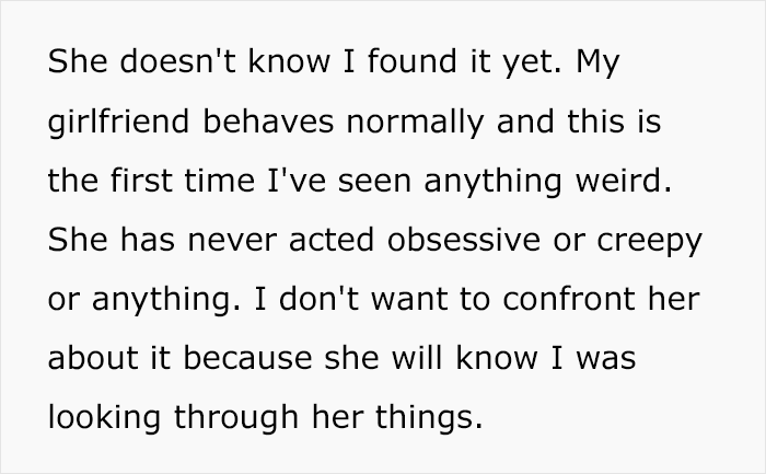 Text about a guy finding a creepy box in his girlfriend's wardrobe causing relationship concerns.