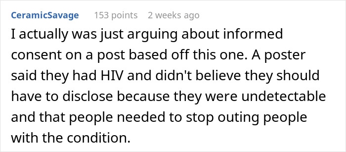 Reddit comment discussing disclosure of HIV status and informed consent. Reddit comment discussing disclosure of HIV status and informed consent.