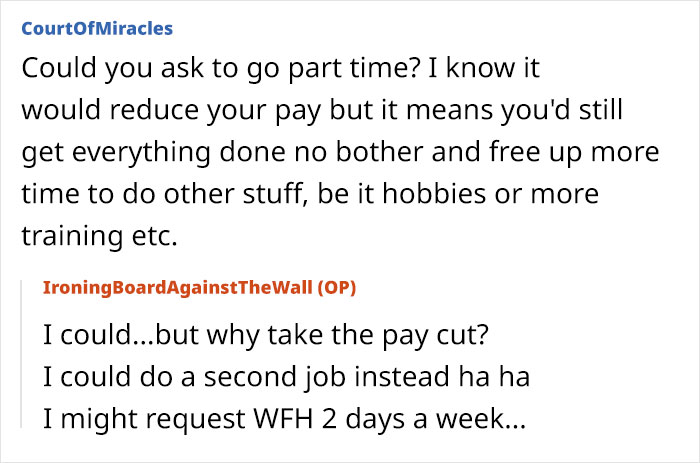 Text conversation about automating a job, discussing part-time work and work-from-home options.