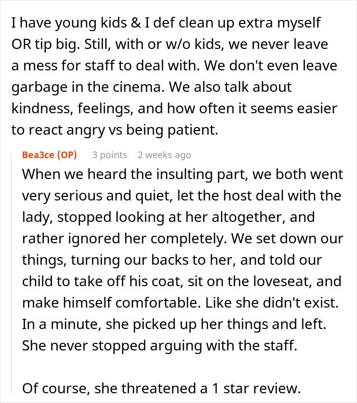 Text exchange about a restaurant incident involving an upset customer and a family's seating arrangement.