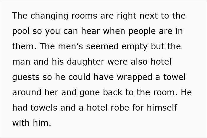 Text about a hotel guest with his daughter, contemplating using the women's changing room.