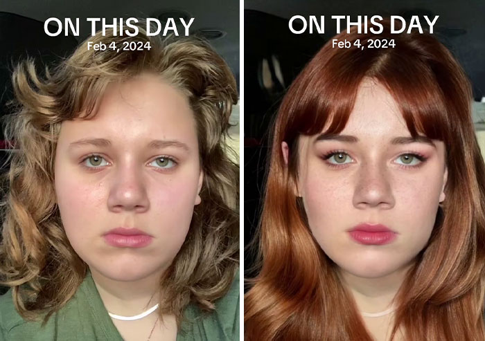 Two side-by-side digital makeovers of a person, showing a transformation in hairstyle and makeup.
