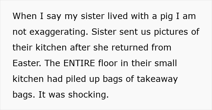 Text describing a shocking mess in a college student's kitchen with takeaway bags piled up.