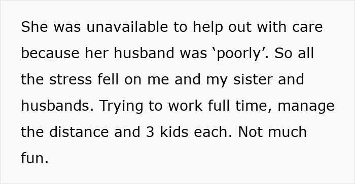 Text about a woman expressing stress from balancing work, family, and a situation with her mom's priorities.