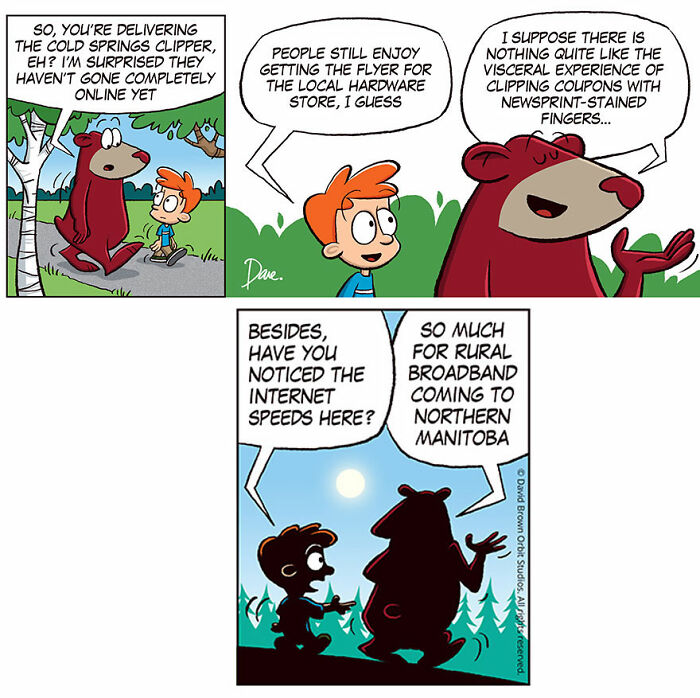 Comic of Planey Joey talking to a bear about delivering flyers and internet speed in Northern Manitoba.