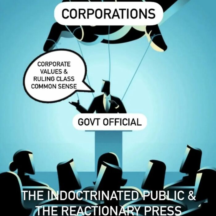 Cartoon depicting anti-capitalism theme with corporations controlling a government official.
