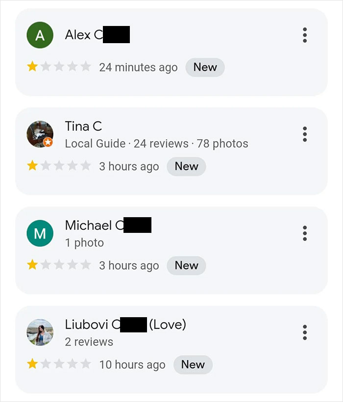 Reviews showing low star ratings posted by users on a business page. Reviews showing low star ratings posted by users on a business page.