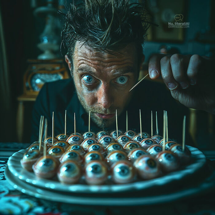 A man with a surprised expression poking toothpicks into eyeball-like objects, illustrating funny native idioms.